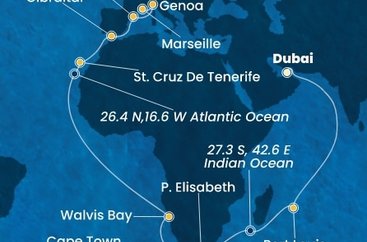 Spojené arabské emiráty, Maurícius, Juhoafrická republika, Namíbia, Španielsko, Gibraltár, Taliansko, Francúzsko z Dubaja na lodi Costa Smeralda