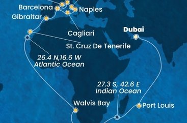 Spojené arabské emiráty, Maurícius, Juhoafrická republika, Namíbia, Španielsko, Gibraltár, Taliansko, Francúzsko z Dubaja na lodi Costa Smeralda