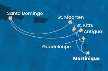 Martinik, Guadeloupe, Svätý Krištof a Nevis, Svatý Martin, Dominikánska republika, Antigua a Barbuda z Fort de France, Martinik na lodi Costa Favolosa