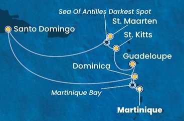 Martinik, Guadeloupe, Svätý Krištof a Nevis, Svatý Martin, Dominikánska republika, Dominika z Fort de France na lodi Costa Favolosa
