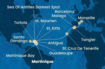 Martinik, Guadeloupe, Svätý Krištof a Nevis, Britské Panenské ostrovy, Dominikánska republika, Svatý Martin, Antigua a Barbuda, Španielsko, Maroko, Francúzsko z Fort de France na lodi Costa Favolosa