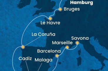 Nemecko, Belgicko, Francie, Španielsko, Francúzsko, Taliansko z Hamburgu na lodi Costa Favolosa