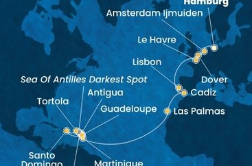 Nemecko, Holandsko, Veľká Británia, Francie, Portugalsko, Španielsko, Martinik, Guadeloupe, Svätý Krištof a Nevis, Antigua a Barbuda, Britské Panenské ostrovy, Dominikánska republika z Hamburgu na lodi Costa Favolosa