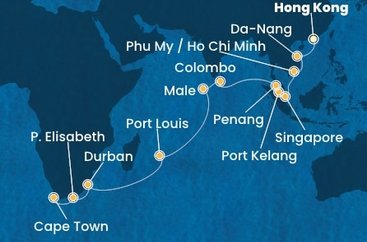 Čína, Vietnam, Singapur, Malajzia, Srí Lanka, Maledivy, Maurícius, Juhoafrická republika z Hong Kongu na lodi Costa Deliziosa