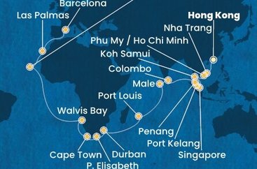 Čína, Vietnam, Thajsko, Singapur, Malajzia, Srí Lanka, Maledivy, Maurícius, Juhoafrická republika, Namíbia, Kapverdy, Španielsko z Hong Kongu na lodi Costa Deliziosa