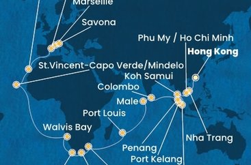 Čína, Vietnam, Thajsko, Singapur, Malajzia, Srí Lanka, Maledivy, Maurícius, Juhoafrická republika, Namíbia, Kapverdy, Španielsko, Francúzsko, Taliansko z Hong Kongu na lodi Costa Deliziosa
