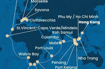 Čína, Vietnam, Thajsko, Singapur, Malajzia, Srí Lanka, Maledivy, Maurícius, Juhoafrická republika, Namíbia, Kapverdy, Španielsko, Francúzsko, Taliansko z Hong Kongu na lodi Costa Deliziosa