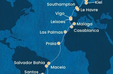 Brazília, Kapverdy, Španielsko, Maroko, Portugalsko, Francie, Veľká Británia, Dánsko, Nemecko na lodi Costa Diadema