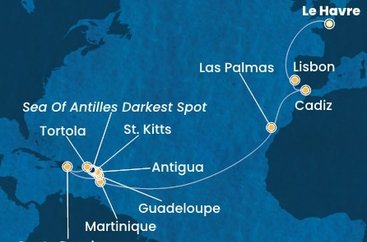 Francie, Portugalsko, Španielsko, Martinik, Guadeloupe, Svätý Krištof a Nevis, Antigua a Barbuda, Britské Panenské ostrovy, Dominikánska republika z Le Havre na lodi Costa Favolosa
