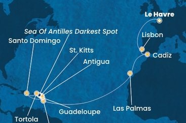 Francie, Portugalsko, Španielsko, Martinik, Guadeloupe, Svätý Krištof a Nevis, Antigua a Barbuda, Britské Panenské ostrovy, Dominikánska republika z Le Havre na lodi Costa Favolosa