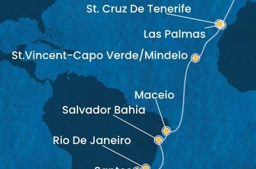 Portugalsko, Španielsko, Kapverdy, Brazília z Lisabonu na lodi Costa Diadema