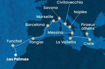 Španielsko, Portugalsko, Maroko, Francúzsko, Taliansko, Malta, Grécko z Las Palmas na lodi Costa Pacifica