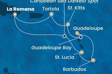 Dominikánska republika, Svätá Lucia, Barbados, Guadeloupe, Svätý Krištof a Nevis, Britské Panenské ostrovy z La Romany na lodi Costa Fascinosa