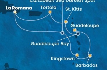 Dominikánska republika, Svätý Vincent a Grenadiny, Barbados, Guadeloupe, Svätý Krištof a Nevis, Britské Panenské ostrovy z La Romany na lodi Costa Fascinosa