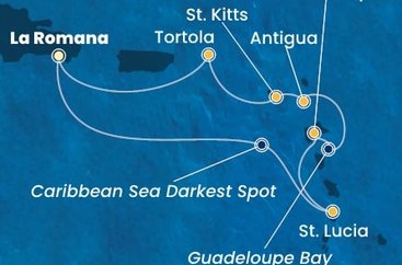 Dominikánska republika, Svätá Lucia, Guadeloupe, Antigua a Barbuda, Svätý Krištof a Nevis, Britské Panenské ostrovy z La Romany na lodi Costa Fascinosa