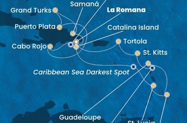 Dominikánska republika, Veľká Británia, Svätá Lucia, Barbados, Guadeloupe, Svätý Krištof a Nevis, Britské Panenské ostrovy z La Romany na lodi Costa Fascinosa