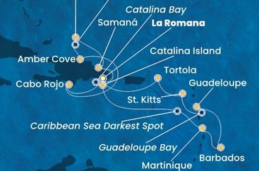Dominikánska republika, Veľká Británia, Martinik, Barbados, Guadeloupe, Svätý Krištof a Nevis, Britské Panenské ostrovy z La Romany na lodi Costa Fascinosa