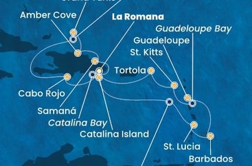 Dominikánska republika, Svätá Lucia, Barbados, Guadeloupe, Svätý Krištof a Nevis, Britské Panenské ostrovy, Veľká Británia z La Romany na lodi Costa Fascinosa