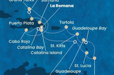 Dominikánska republika, Veľká Británia, Svätá Lucia, Barbados, Guadeloupe, Svätý Krištof a Nevis, Britské Panenské ostrovy z La Romany na lodi Costa Fascinosa
