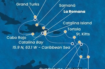 Dominikánska republika, Veľká Británia, Svätý Vincent a Grenadiny, Barbados, Guadeloupe, Svätý Krištof a Nevis, Britské Panenské ostrovy z La Romany na lodi Costa Fascinosa
