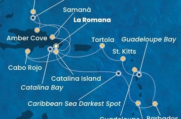 Dominikánska republika, Veľká Británia, Svätý Vincent a Grenadiny, Barbados, Guadeloupe, Svätý Krištof a Nevis, Britské Panenské ostrovy z La Romany na lodi Costa Pacifica