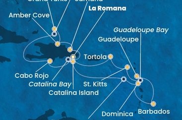 Dominikánska republika, Veľká Británia, Dominika, Barbados, Guadeloupe, Svätý Krištof a Nevis, Britské Panenské ostrovy z La Romany na lodi Costa Pacifica
