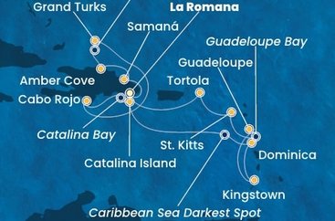 Dominikánska republika, Dominika, Svätý Vincent a Grenadiny, Guadeloupe, Svätý Krištof a Nevis, Britské Panenské ostrovy, Veľká Británia z La Romany na lodi Costa Pacifica