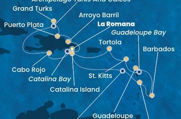 Dominikánska republika, Martinik, Barbados, Guadeloupe, Svätý Krištof a Nevis, Britské Panenské ostrovy, , Veľká Británia z La Romany na lodi Costa Fascinosa