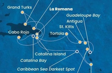 Dominikánska republika, Svätá Lucia, Guadeloupe, Antigua a Barbuda, Svätý Krištof a Nevis, Britské Panenské ostrovy, Veľká Británia,  z La Romany na lodi Costa Fascinosa