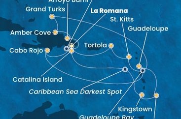 Dominikánska republika, , Veľká Británia, Svätý Vincent a Grenadiny, Barbados, Guadeloupe, Svätý Krištof a Nevis, Britské Panenské ostrovy z La Romany na lodi Costa Fascinosa