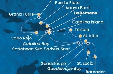 Dominikánska republika, , Veľká Británia, Svätá Lucia, Barbados, Guadeloupe, Svätý Krištof a Nevis, Britské Panenské ostrovy z La Romany na lodi Costa Fascinosa