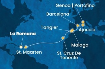 Dominikánska republika, Svatý Martin, Španielsko, Maroko, Francúzsko, Taliansko z La Romany na lodi Costa Fascinosa
