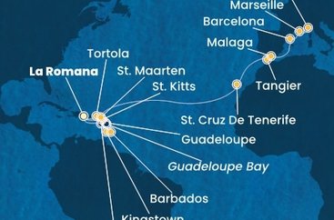 Dominikánska republika, Svätý Vincent a Grenadiny, Barbados, Guadeloupe, Svätý Krištof a Nevis, Britské Panenské ostrovy, Svatý Martin, Španielsko, Maroko, Francúzsko, Taliansko z La Romany na lodi Costa Fascinosa