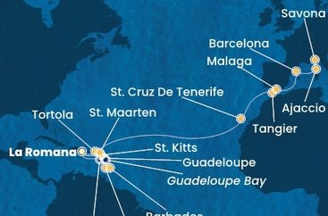 Dominikánska republika, Svätý Vincent a Grenadiny, Barbados, Guadeloupe, Svätý Krištof a Nevis, Britské Panenské ostrovy, Svatý Martin, Španielsko, Maroko, Francúzsko, Taliansko z La Romany na lodi Costa Fascinosa