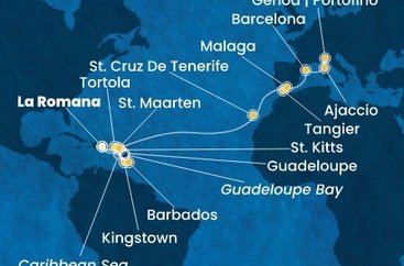 Dominikánska republika, Svätý Vincent a Grenadiny, Barbados, Guadeloupe, Svätý Krištof a Nevis, Britské Panenské ostrovy, Svatý Martin, Španielsko, Maroko, Francúzsko, Taliansko z La Romany na lodi Costa Fascinosa