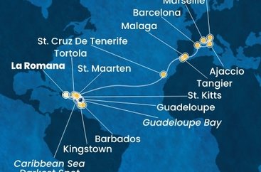 Dominikánska republika, Svätý Vincent a Grenadiny, Barbados, Guadeloupe, Svätý Krištof a Nevis, Britské Panenské ostrovy, Svatý Martin, Španielsko, Maroko, Francúzsko, Taliansko z La Romany na lodi Costa Fascinosa