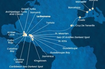 Dominikánska republika, Dominika, Svätý Vincent a Grenadiny, Guadeloupe, Svätý Krištof a Nevis, Britské Panenské ostrovy, Veľká Británia, Svatý Martin, Španielsko, Francúzsko, Taliansko z La Romany na lodi Costa Pacifica