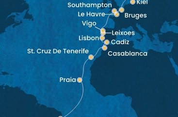 Brazília, Kapverdy, Španielsko, Maroko, Portugalsko, Francúzsko, Veľká Británia, Belgicko, Nemecko z Maceia na lodi Costa Diadema