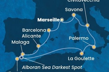Francúzsko, Španielsko, Maroko, , Tunisko, Sicília, Taliansko z Marseille na lodi Costa Toscana