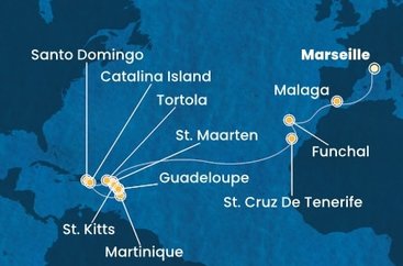 Francúzsko, Španielsko, Portugalsko, Svatý Martin, Martinik, Guadeloupe, Svätý Krištof a Nevis, Britské Panenské ostrovy, Dominikánska republika z Marseille na lodi Costa Fascinosa