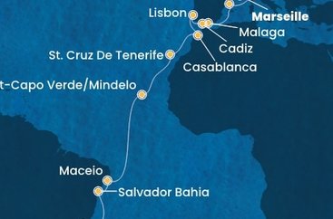 Francúzsko, Taliansko, Španielsko, Portugalsko, Maroko, Kapverdy, Brazília z Marseille na lodi Costa Diadema
