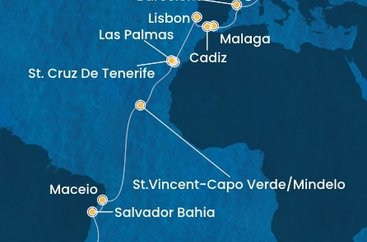 Francúzsko, Taliansko, Španielsko, Portugalsko, Kapverdy, Brazília z Marseille na lodi Costa Diadema