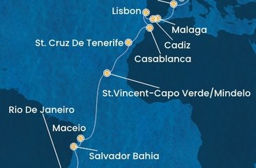 Francúzsko, Taliansko, Španielsko, Portugalsko, Maroko, Kapverdy, Brazília z Marseille na lodi Costa Diadema