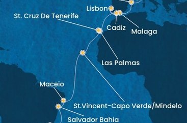 Francúzsko, Taliansko, Španielsko, Portugalsko, Kapverdy, Brazília z Marseille na lodi Costa Diadema