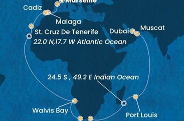 Francúzsko, Španielsko, Namíbia, Juhoafrická republika, Maurícius, Omán, Spojené arabské emiráty z Marseille na lodi Costa Smeralda