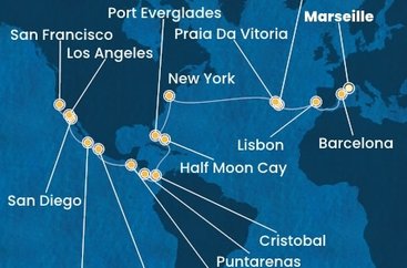 Francúzsko, Španielsko, Portugalsko, z Praia da Vitória, USA, Bahamy, Panama, Kostarika, Guatemala, Mexiko z Marseille na lodi Costa Deliziosa