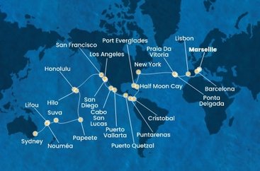Francúzsko, Španielsko, Portugalsko, z Praia da Vitória, USA, Bahamy, Panama, Kostarika, Guatemala, Mexiko, Francouzská Polynésie, Fiji, Nová Kaledonie, Austrália z Marseille na lodi Costa Deliziosa