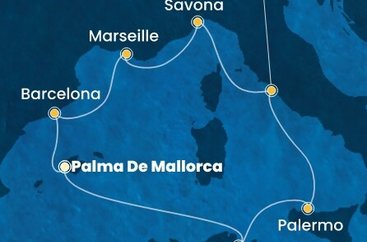 Španielsko, Tunisko, Taliansko, Francúzsko z Palmy de Mallorca na lodi Costa Toscana