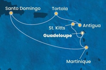 Guadeloupe, Svätý Krištof a Nevis, Antigua a Barbuda, Britské Panenské ostrovy, Dominikánska republika, Martinik z Pointe-à-Pitre na lodi Costa Favolosa