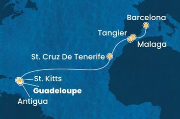 Guadeloupe, Svätý Krištof a Nevis, Antigua a Barbuda, Španielsko, Maroko z Pointe-à-Pitre na lodi Costa Favolosa